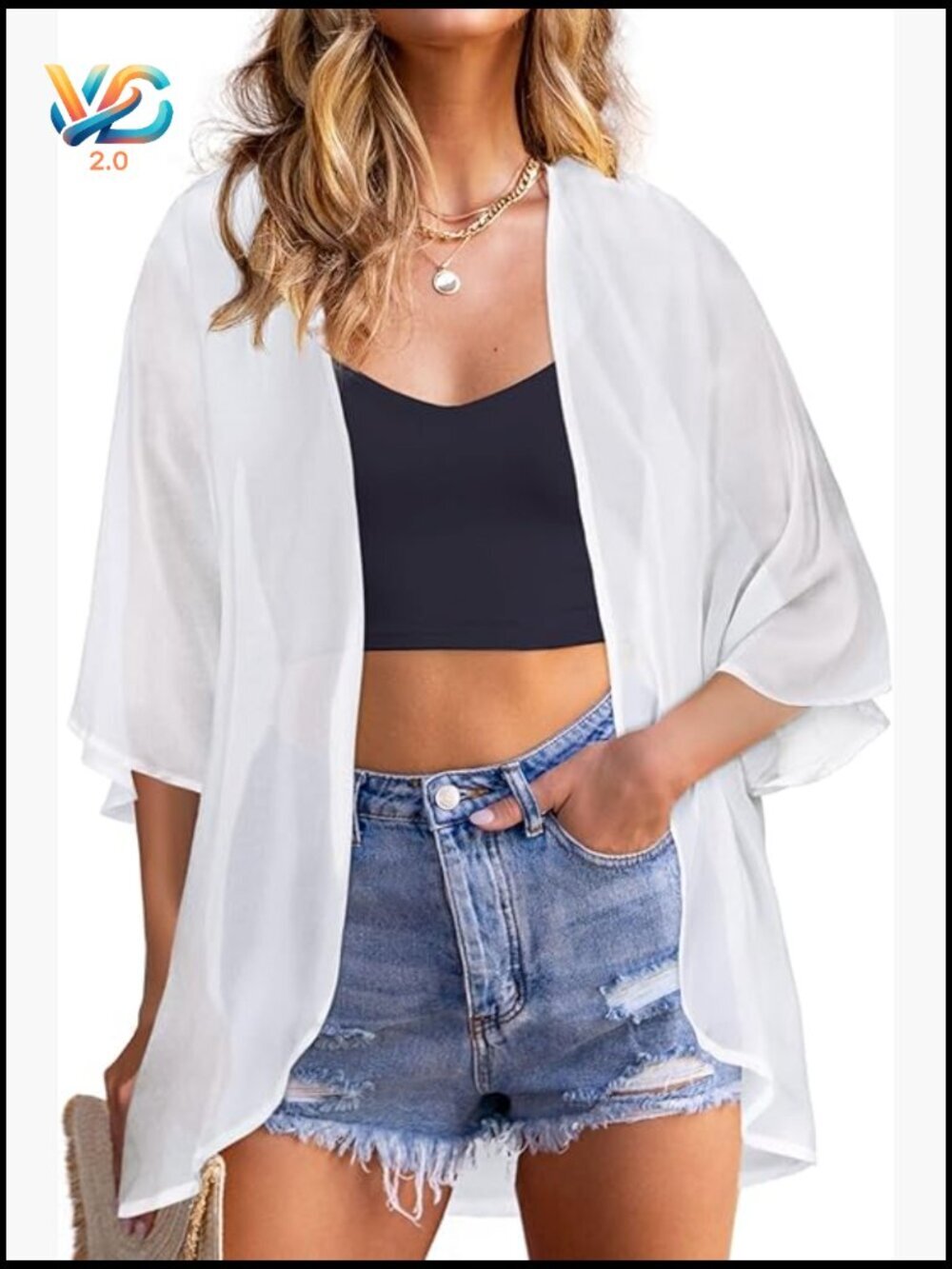 Large Floral Print Kimono Cardigan Cover Up 3/4 Sleeve Chiffon Resort Wear